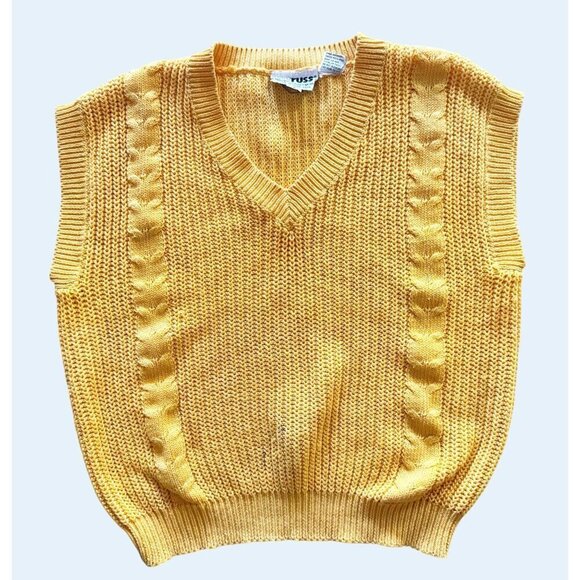 Vintage RUSS Yellow Cable Knit Sleeveless Sweater 80s / 90s Size Sm - Picture 2 of 7